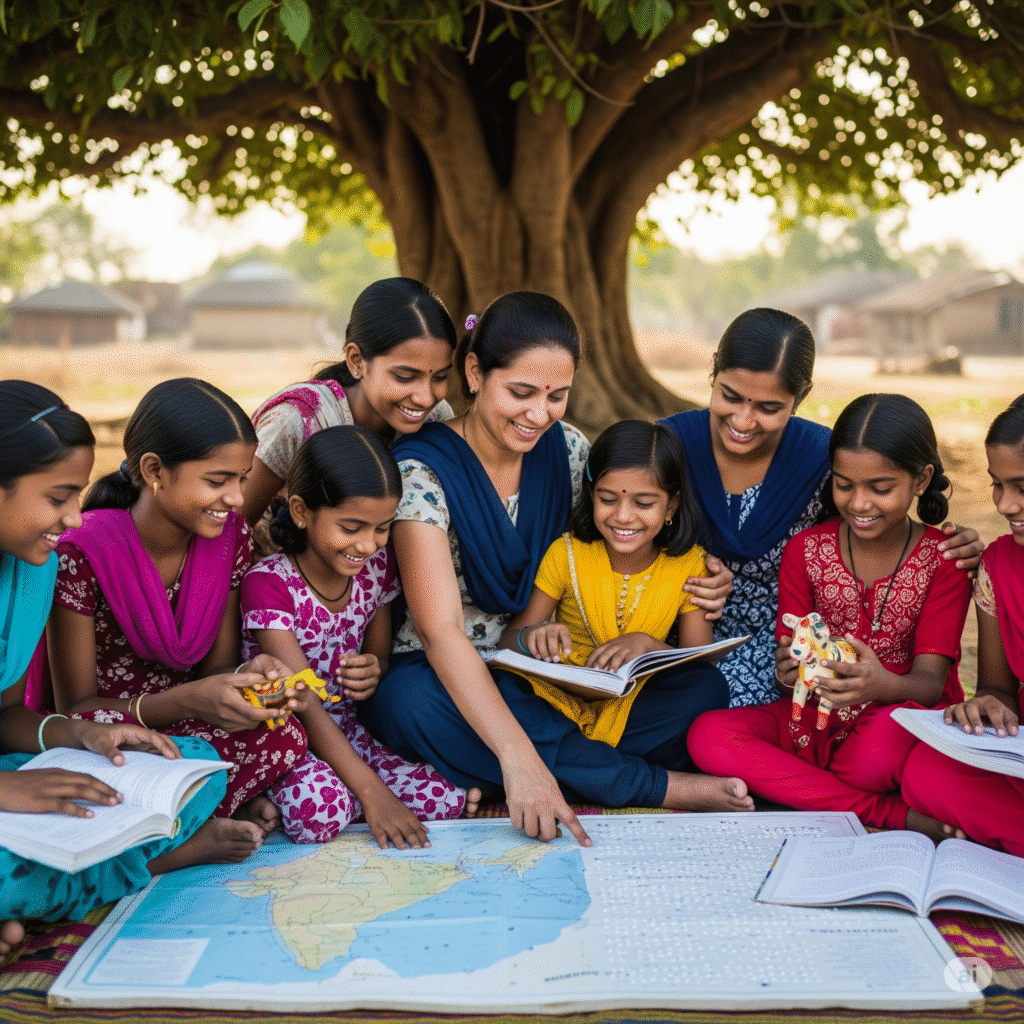 Blind and orphan girls learning with their teacher under a tree, studying books and a map of India – Speaking Eyes Foundation.