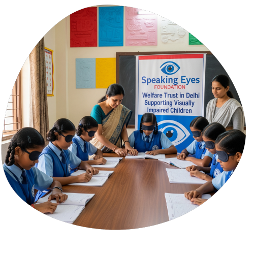 A group of blind orphan girls in school uniforms learning Braille from a teacher in a classroom supported by the Speaking Eyes Foundation, a welfare trust in Delhi for visually impaired children.